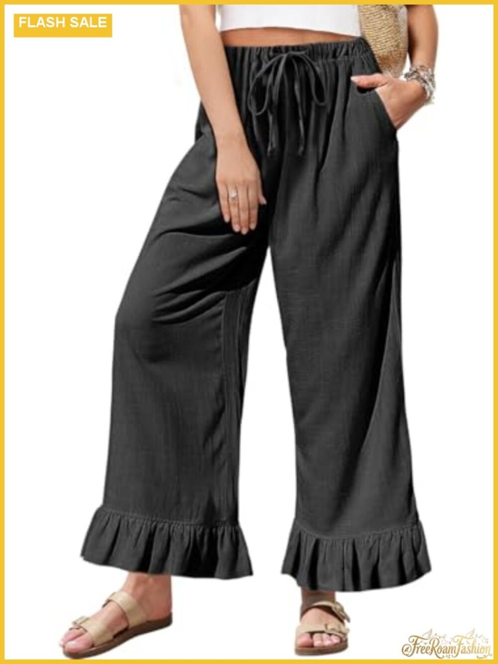 Linen Blend Women's Wide Leg Drawstring Pants Ruffled Hem Trousers